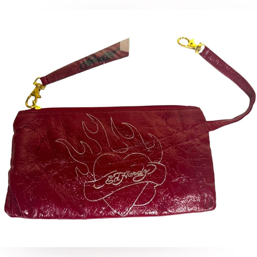 Ed Hardy Vintage Y2K NEW Logo Heart Red Patent Clutch Bag Wristlet Pouch Leather